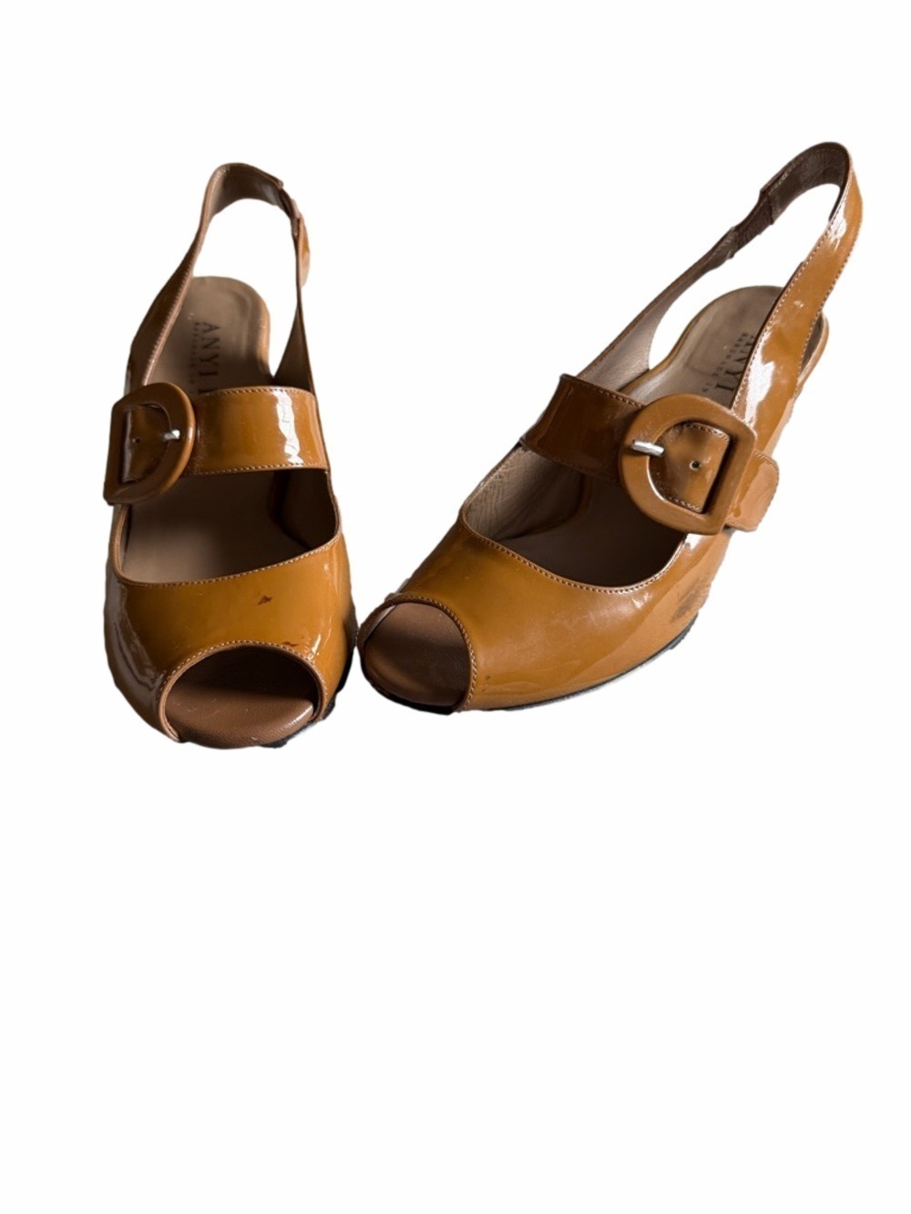 Anyi Lu Cognac Patent Slingback Peep-Toe Heels Mary Jane style with Buckle